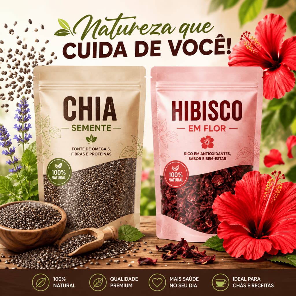 Kit Chia e Hibisco Premium Mistura Natural Ingredientes Funcionais Importado 100gr 250gr 500gr 1kg