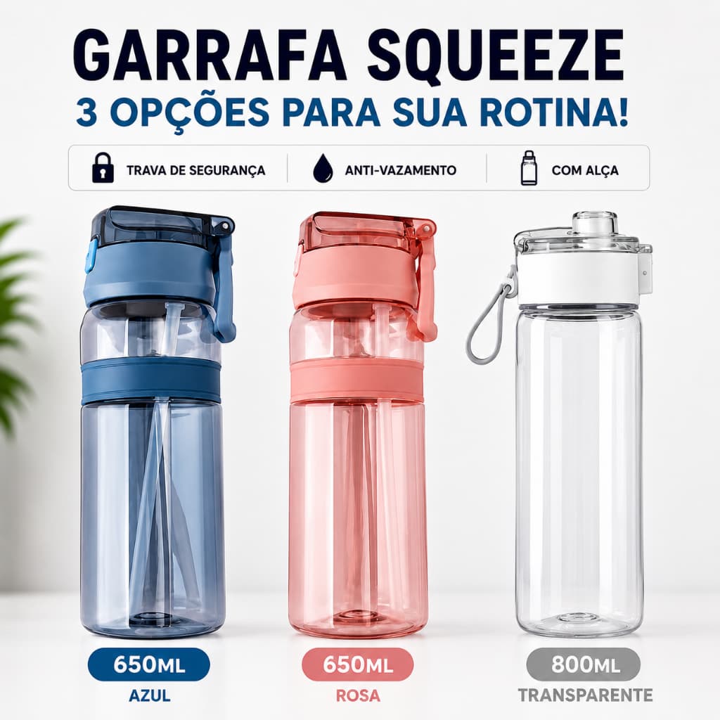 Garrafa Água Plástico Squeeze Transparente Tampa 800ml Opção KIT