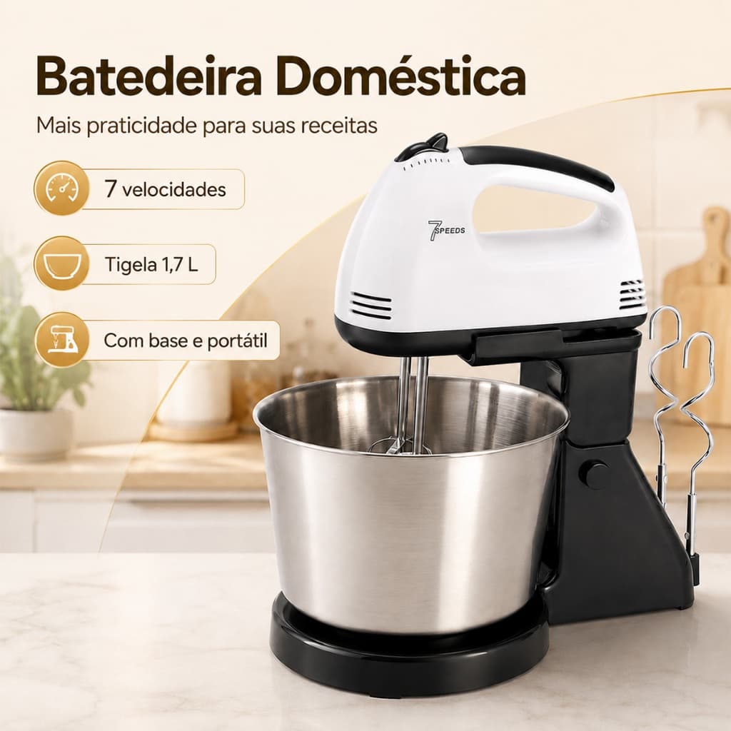 Batedeira de Bolo 110V Elétrica 7 Velocidades Tigela Inox 1,7L Base Suporte Portátil
