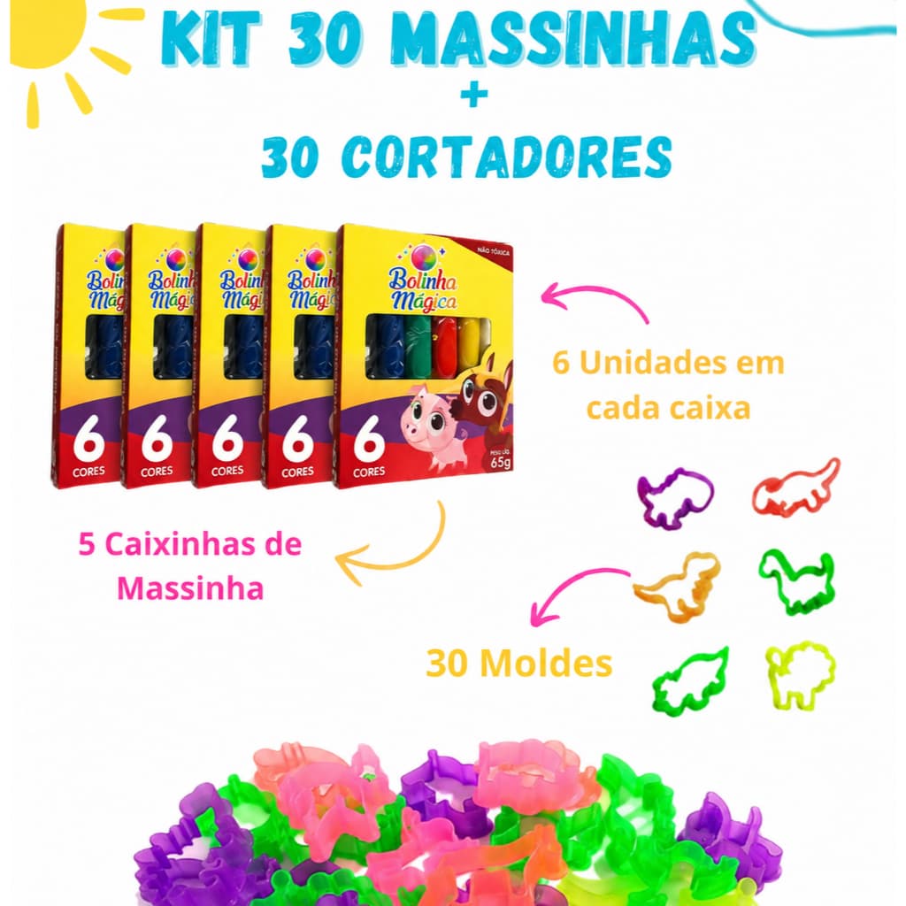 Kit 30 Unidades de Massinha de Modelar + 30 Cortador Forminha Molde Kit Festa Lembrancinha Criança