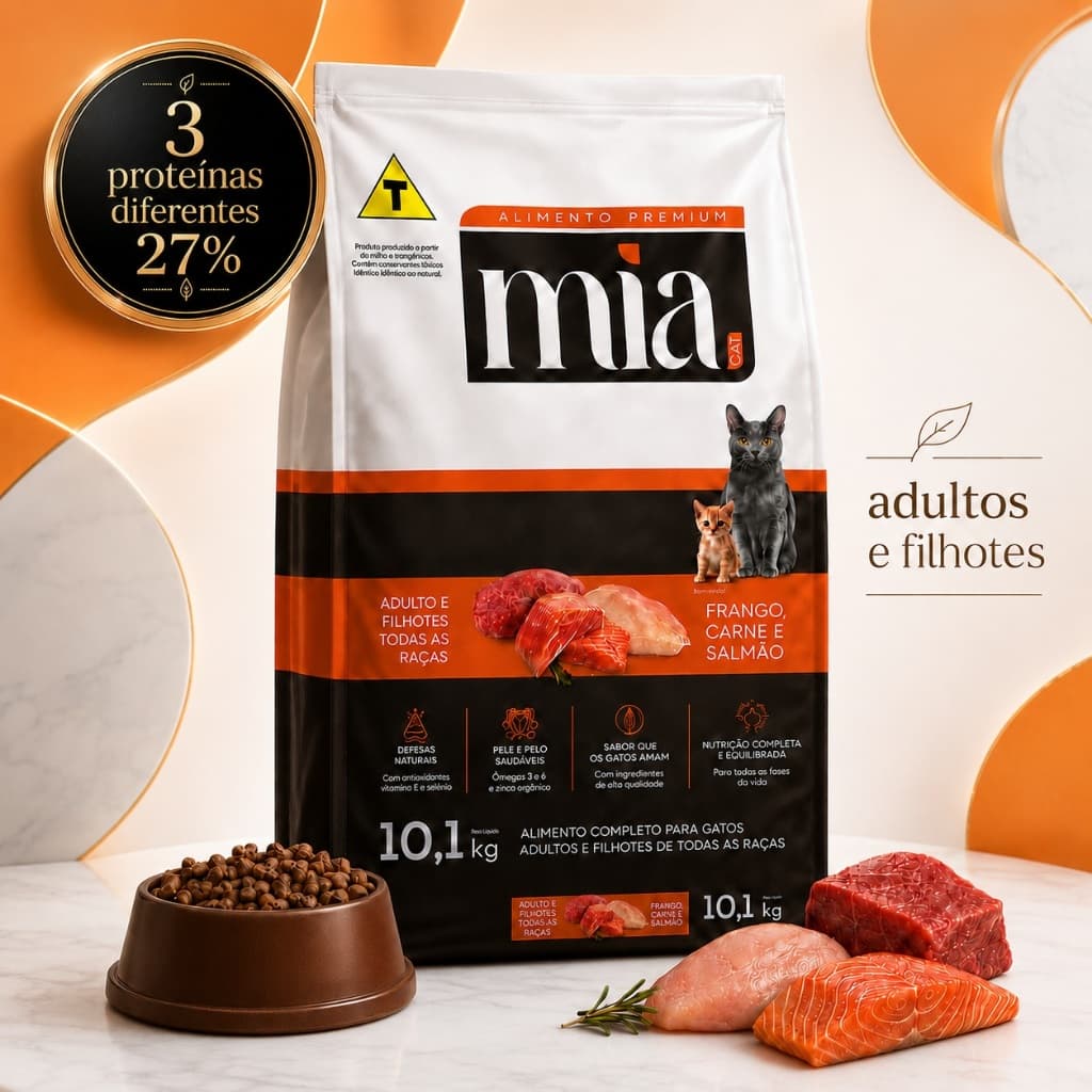 Ração Gato MiaCat 10,1kg Todas As Raças Filhote e Adulto 27g Proteína Sem Aromatizante Artificial