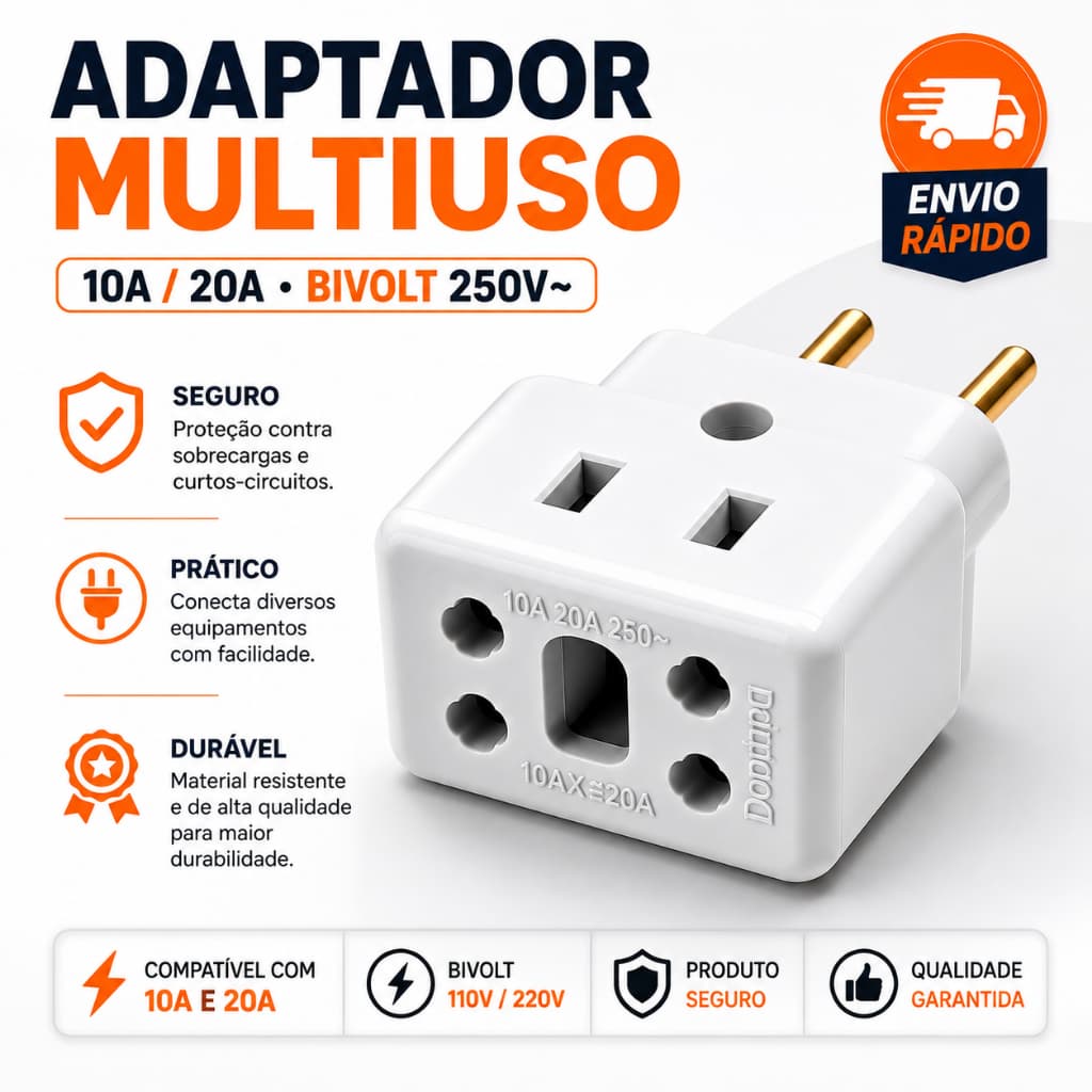Adaptador de Tomada 10A/20A Pino Maciço Universal Benjamin Bob Esponja Resistente Bivolt