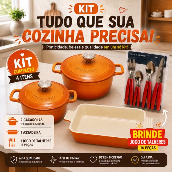 Kit 2 Caçarolas Cook Pro Vermelhas + Assadeira + Jogo de Talheres 16 Peças Cozinha Completa