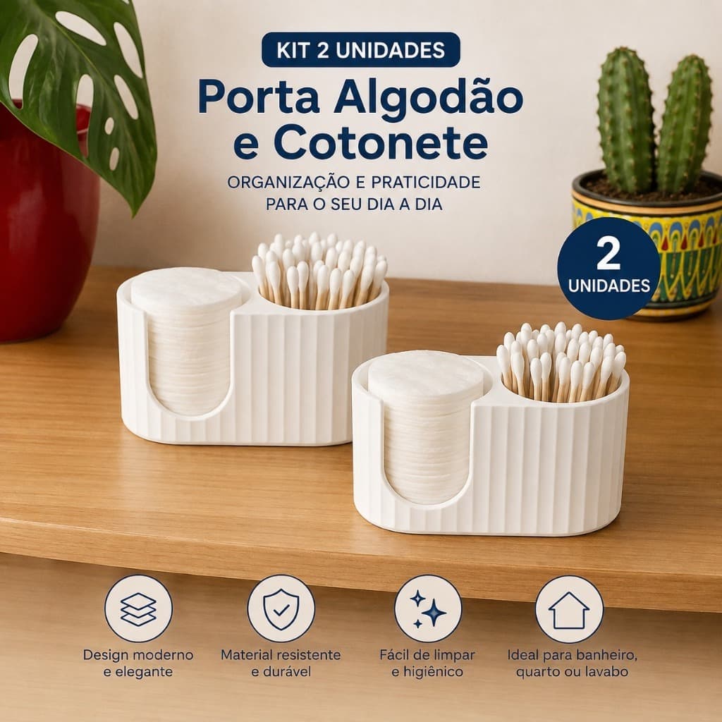 Kit 2 Porta Cotonete e Algodão 2 em 1 Organizador de Banheiro Pia Penteadeira Lavabo Pote Branco Plástico Resistente