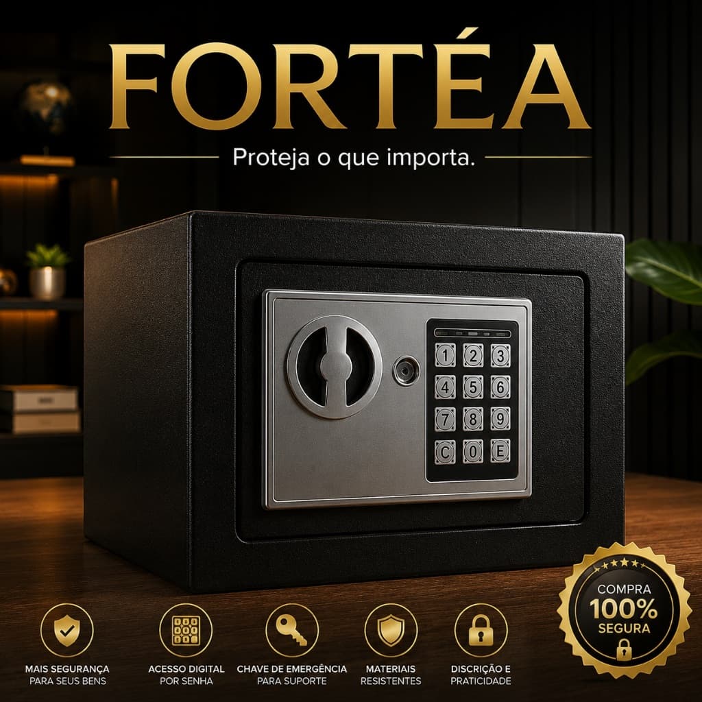 Cofre Eletrônico Digital Fortéa Com Senha e Chave Portátil Preto Para Dinheiro Documentos e Objetos de Valor