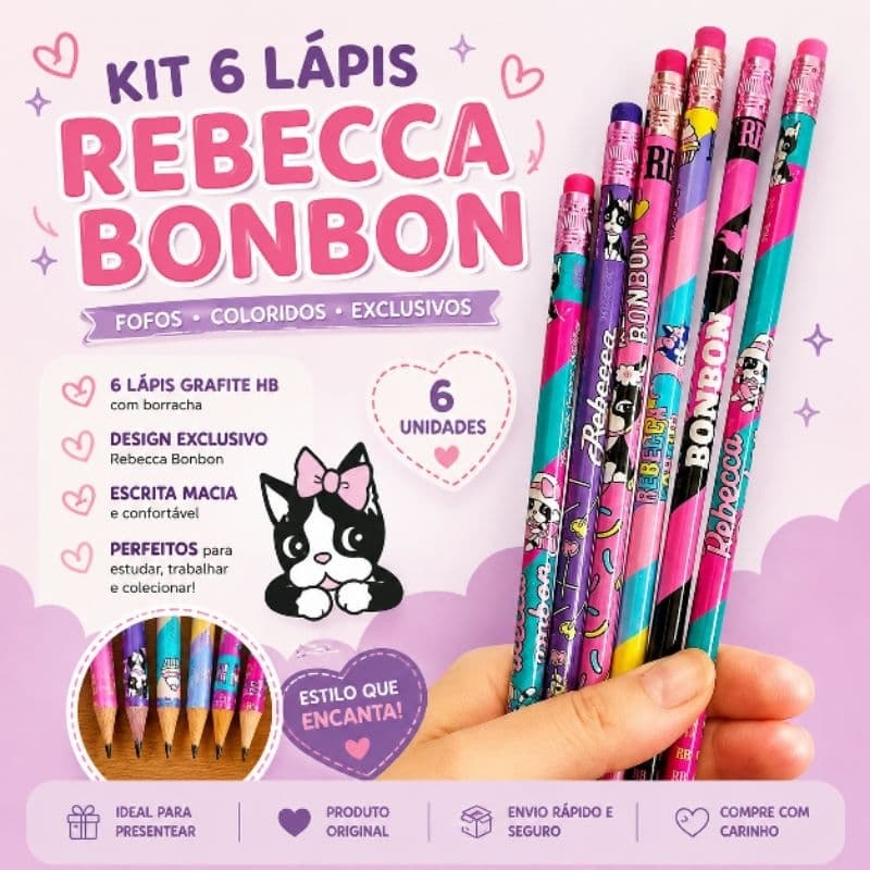Kit Lápis Grafite HB Rebecca Bonbon com Borracha | Lápis Fofo Escolar Colorido