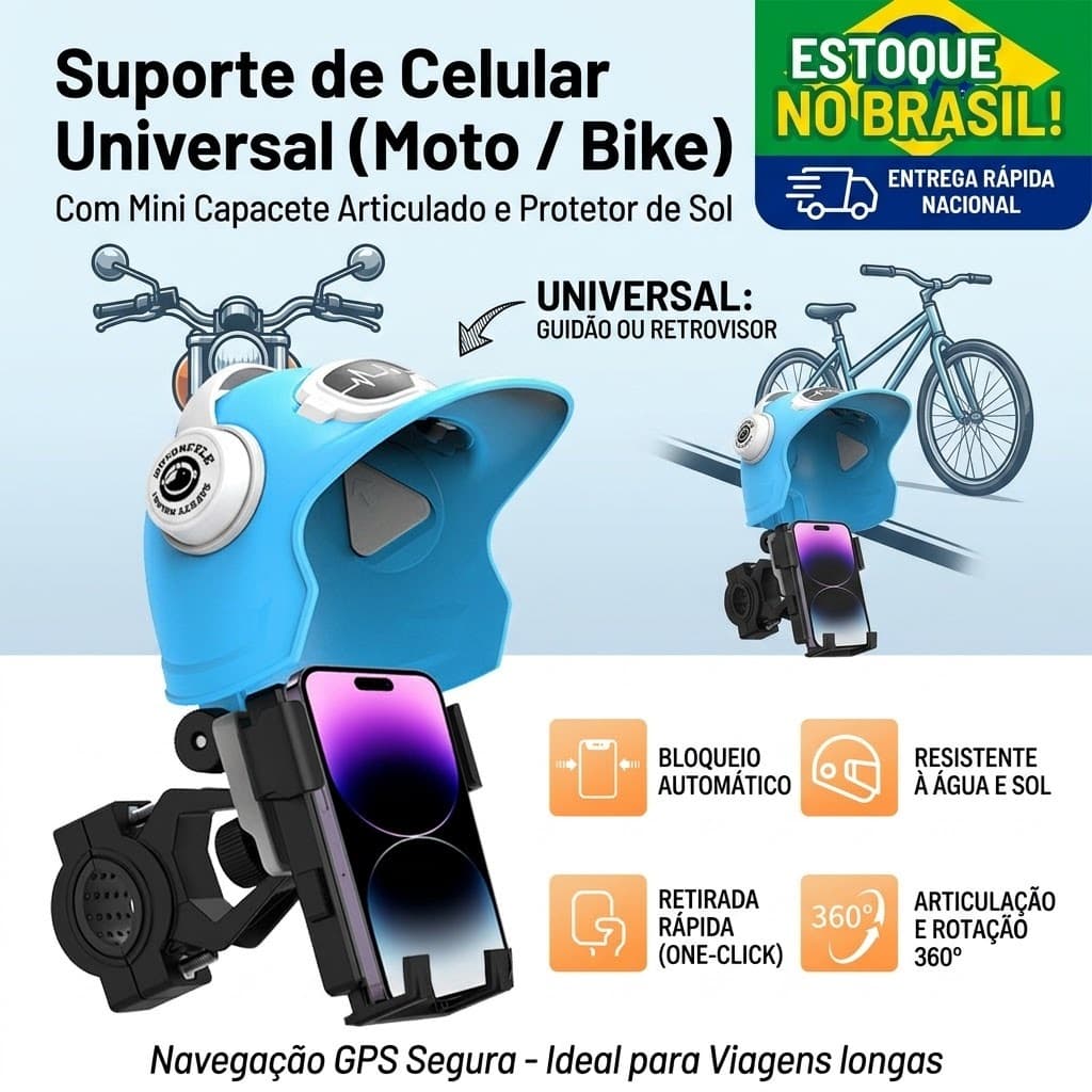 Suporte Celular Moto E Bicicleta Com Mini Capacete Protetor De Sol Guidao Retrovisor Navegacao GPS Articulado Novo