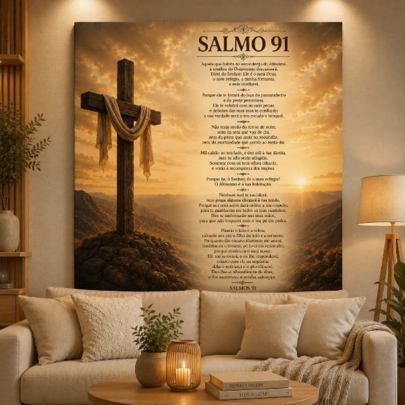 Quadro Decorativo Salmo 91 1 Peça Cruz Religioso Fé Proteção Parede Sala Quarto