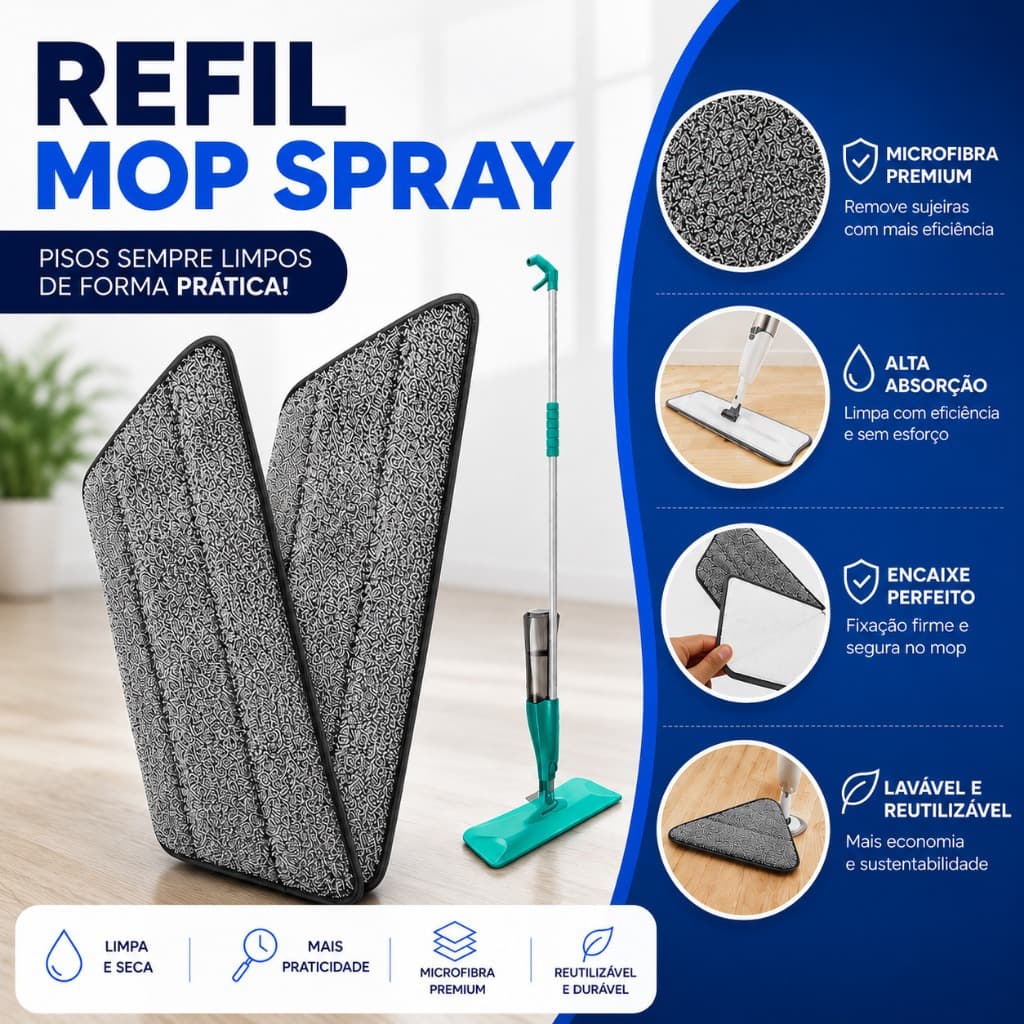 Kit Refil Mop Spray Rodo Microfibra Reutilizável Modelo Universal