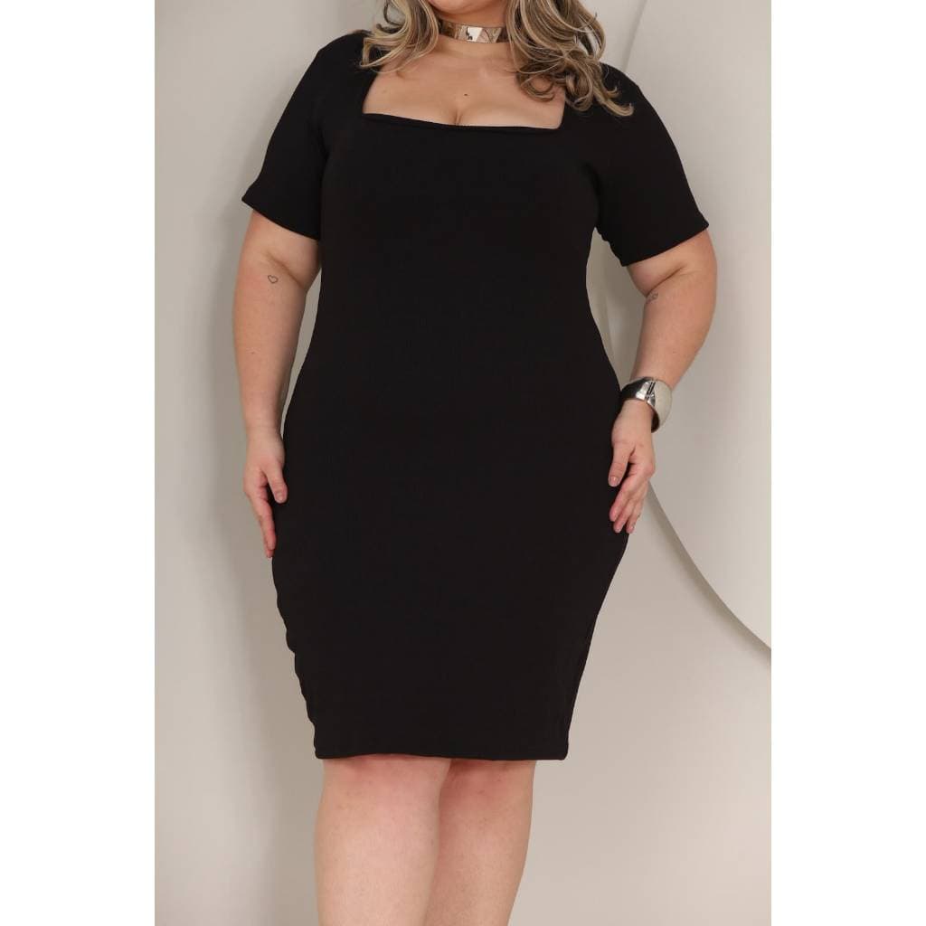 Vestido Feminino Casual Plus Size Midi Curto Decote Quadrado Manga Curta Forro Frontal Canelado