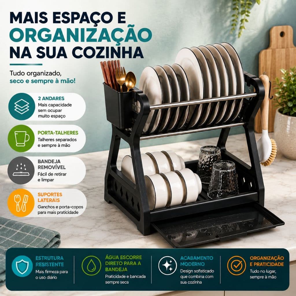 Escorredor de Louças 2 Andares com Porta Talheres Bandeja Removível Porta Talheres Pratos Copos - SH