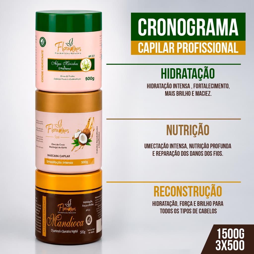 Cronograma Capilar Hidratação Máscara algas Nutrição Máscara Coco Reconstrução Máscara Mandioca 500g