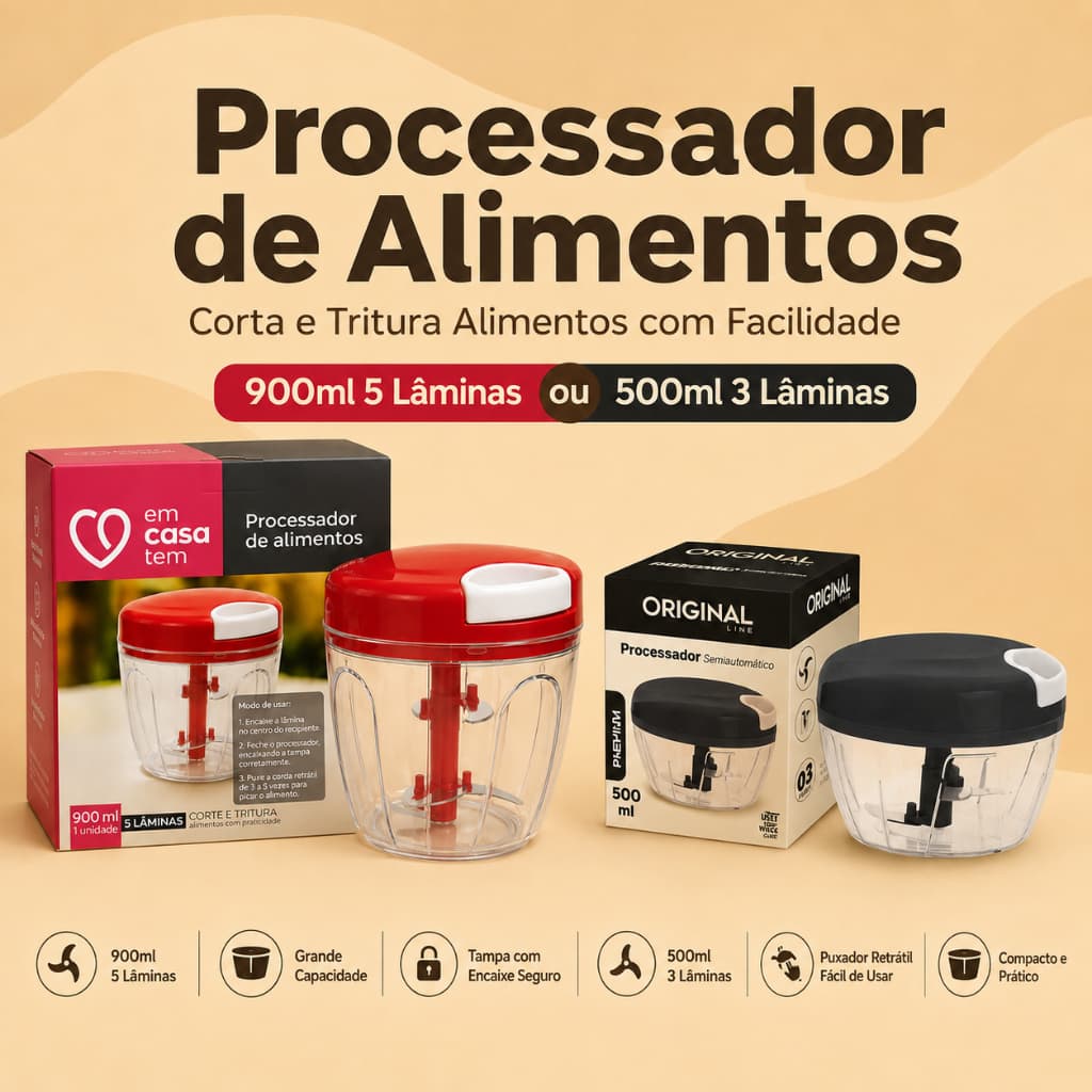 Processador de Alimentos 900ml ou 500ml Corta e Tritura Alimentos Em Casa Tem