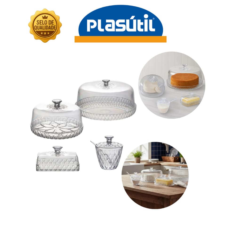 KIT Queijeira Boleira Açucareiro e Manteigueira Incolor 4 Peças Glamour Acrílico Plasútil