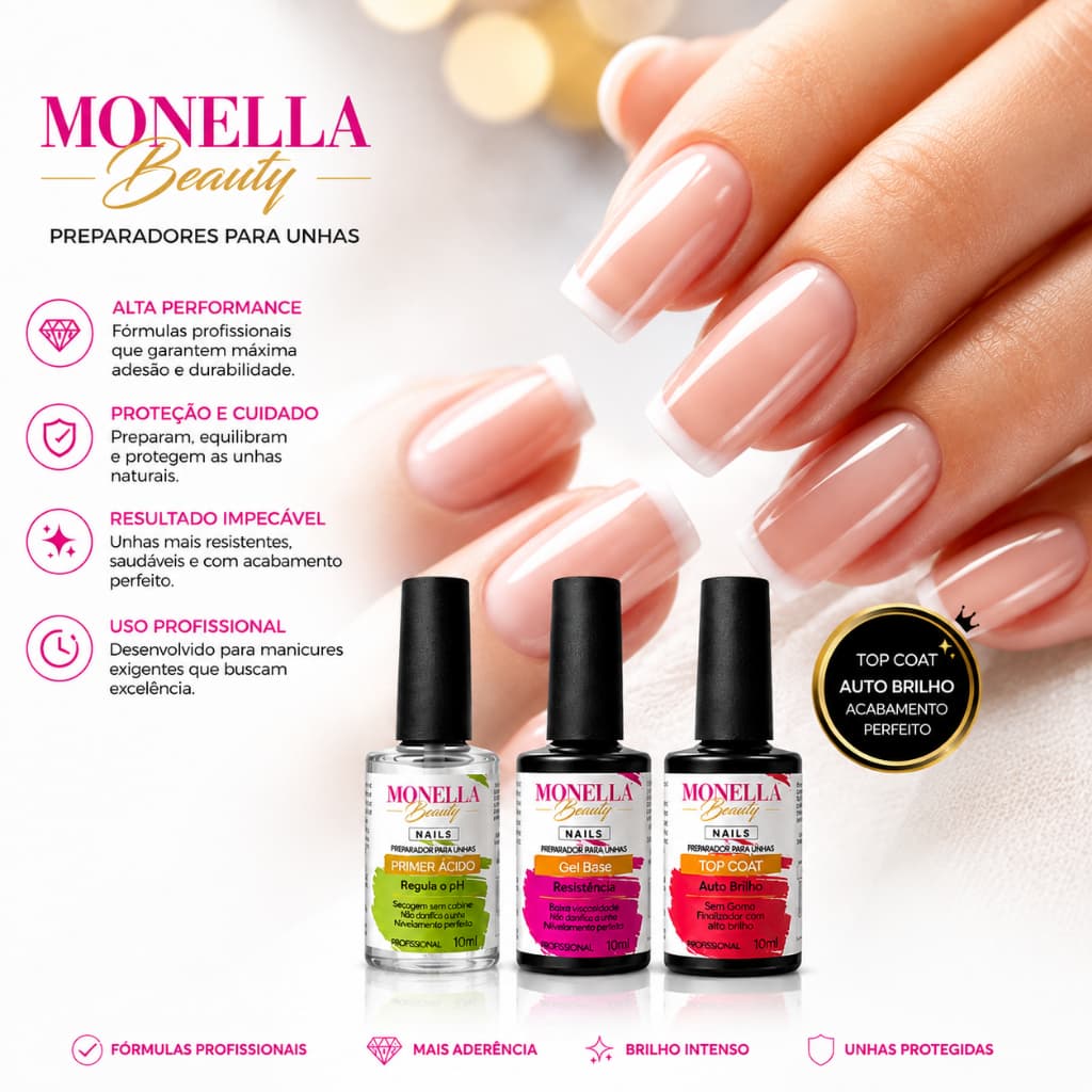 KIT ESMALTAÇAO PREPARADORES DE UNHA MONELLA BASE GEL,TOP COAT, PRIMER ACIDO LIVRE DE TPO E C/ANVISA