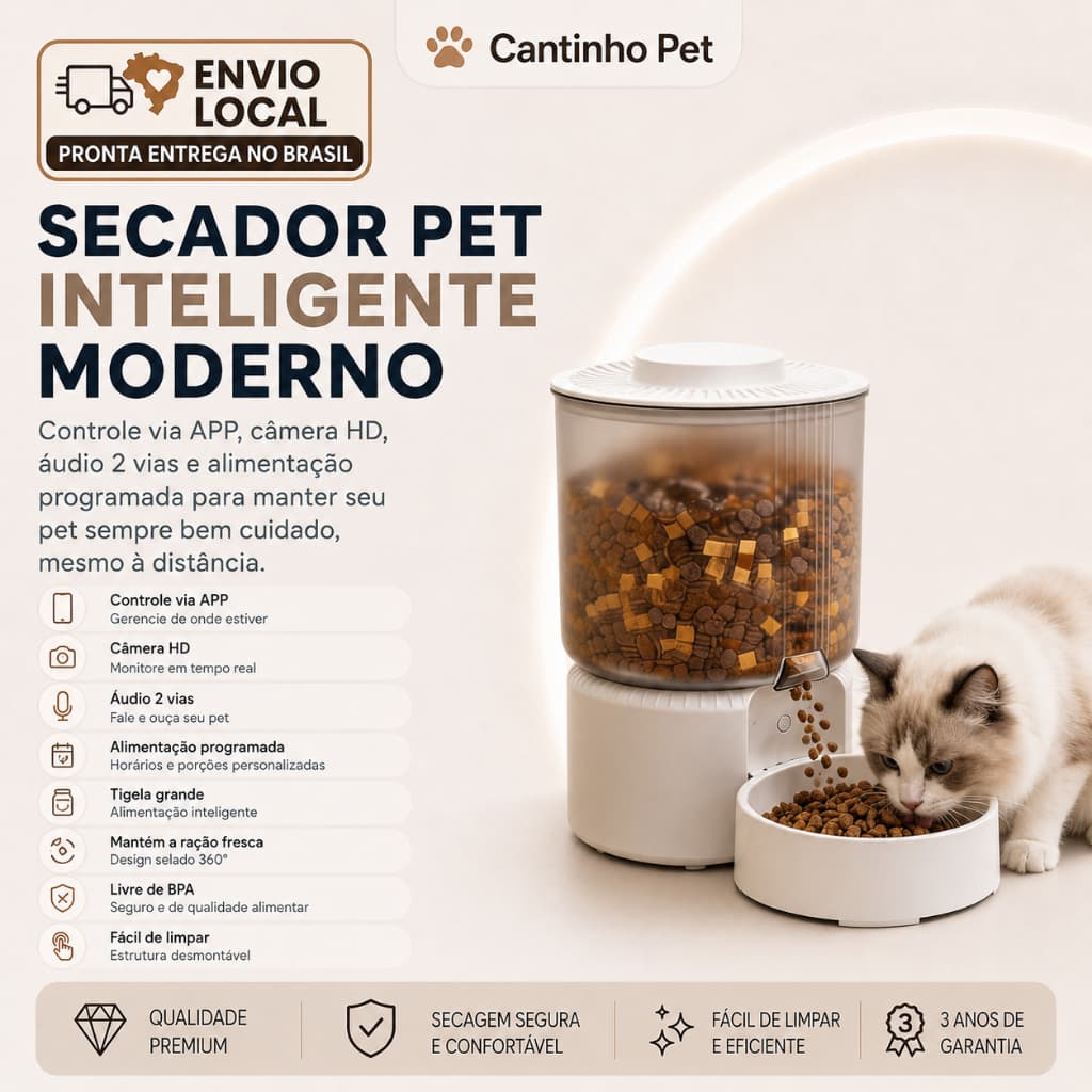 Comedouro Inteligente Controle por Aplicativo Alimentação Programada Reservatório Transparente para Pets