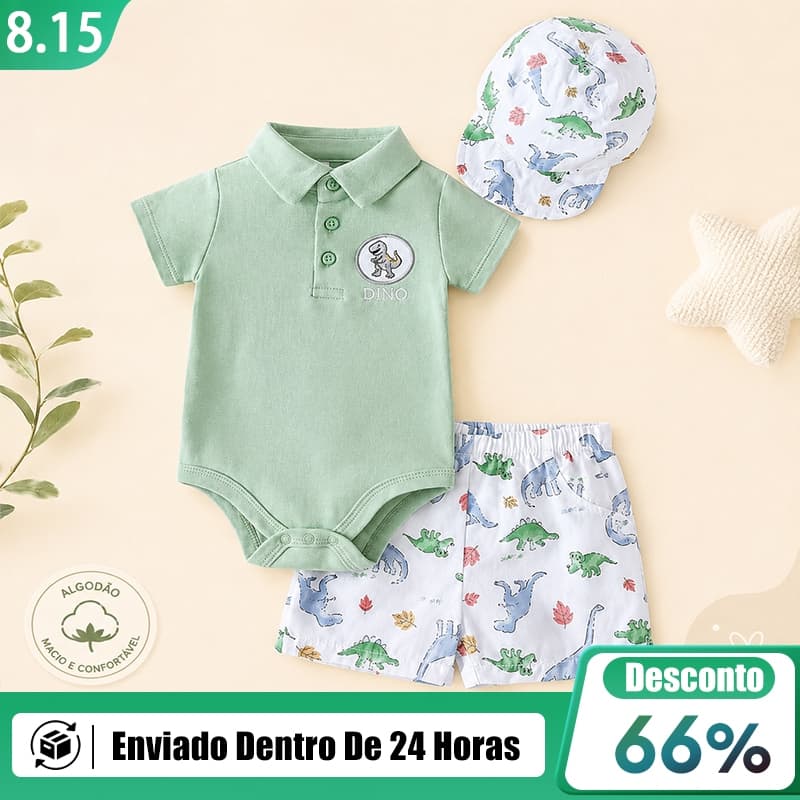 Conjunto Bebê Menino 3 Peças Body Polo Shorts e Boné Tema Dinossauro