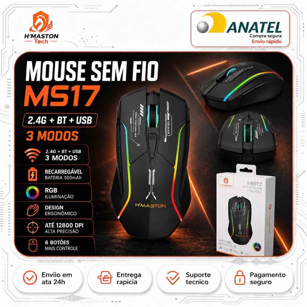 H'Maston MS17 Mouse Sem Fio Para Notebook Mouse Com Fio Mouse Gamer Sem Fio Mouse Sem Fio Recarregável Mouse Bluetooth