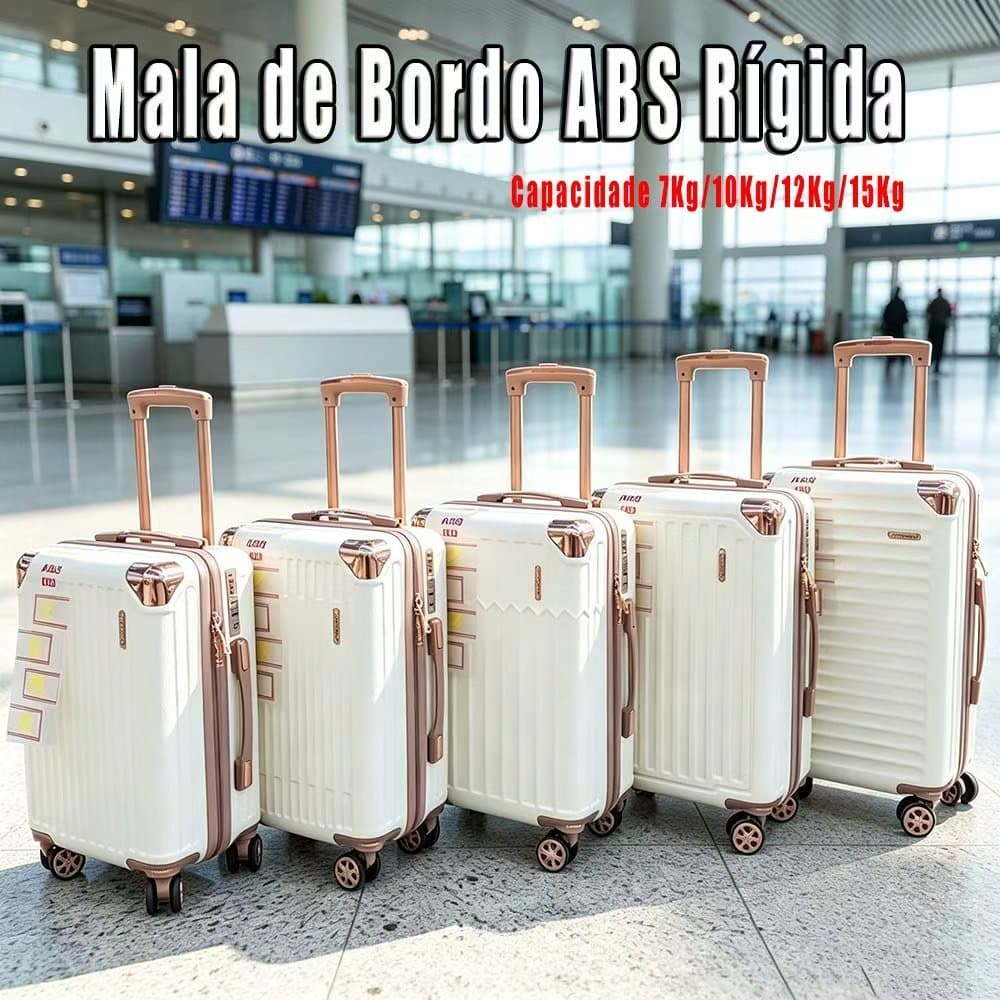 Mala de Bordo ABS Rígida, Rodinhas 360° Removíveis, Cadeado com Senha Numérica - Capacidade 7Kg/10Kg/12Kg/15Kg, PROMOÇÃO