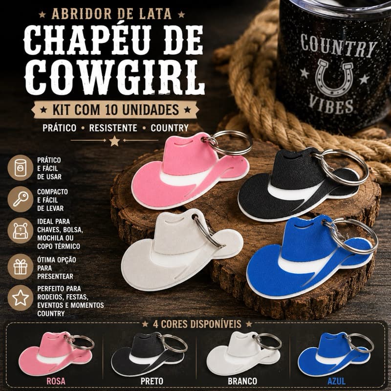 Kit 10 Abridores de Lata Chapéu Country Cowgirl Chaveiro Abridor de Latas