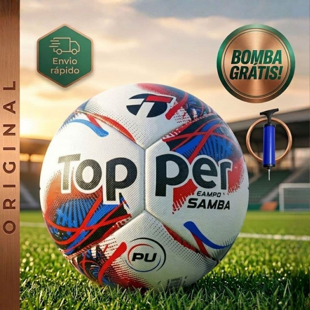 Bola de Futebol Topper Original Oficial + Bomba Grátis Lançamento Samba Híbrida Jogos e Treinos para Campo Resistente