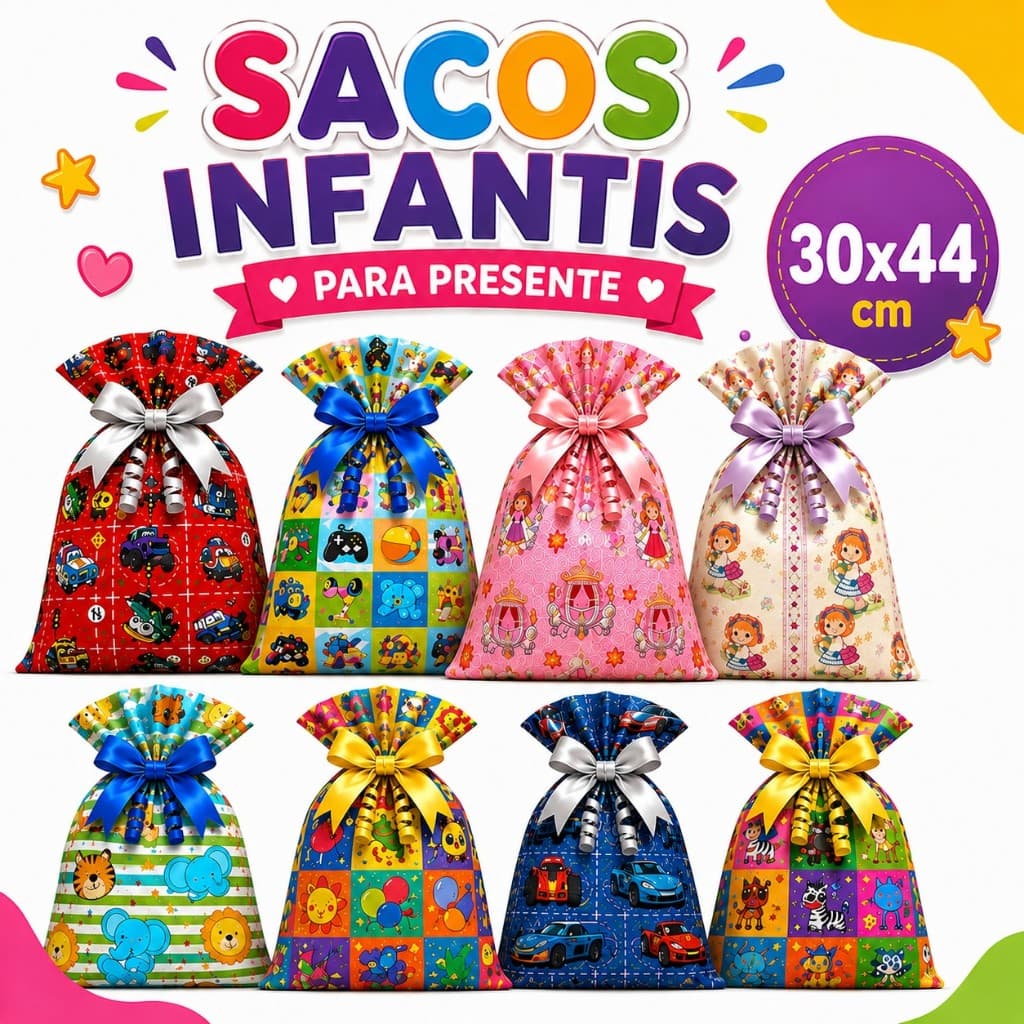 Sacos Infantis para Presente 30x44cm Kit 50 Unidades Estampados Carros Princesas Animais Brinquedos Festa Lembrancinha