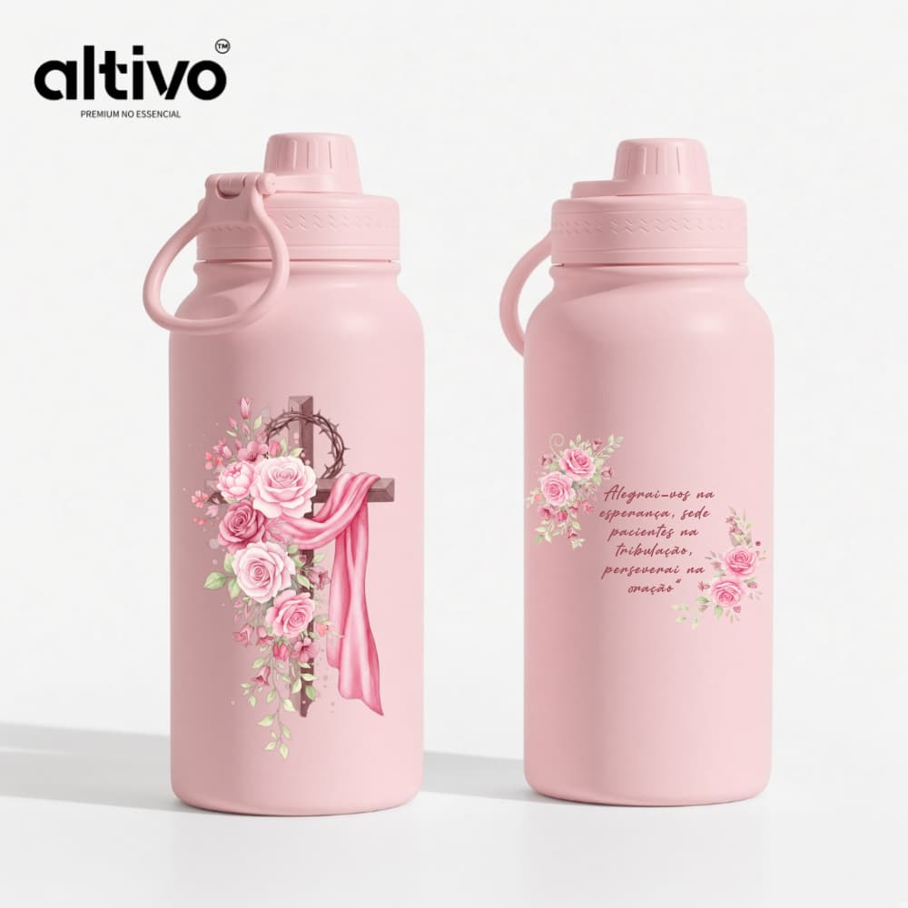 Garrafa Térmica Cruz Sagrada e Flor Rosas Religiosa 600ML com Tampa Rosqueável e Alça em Aço Inoxidável