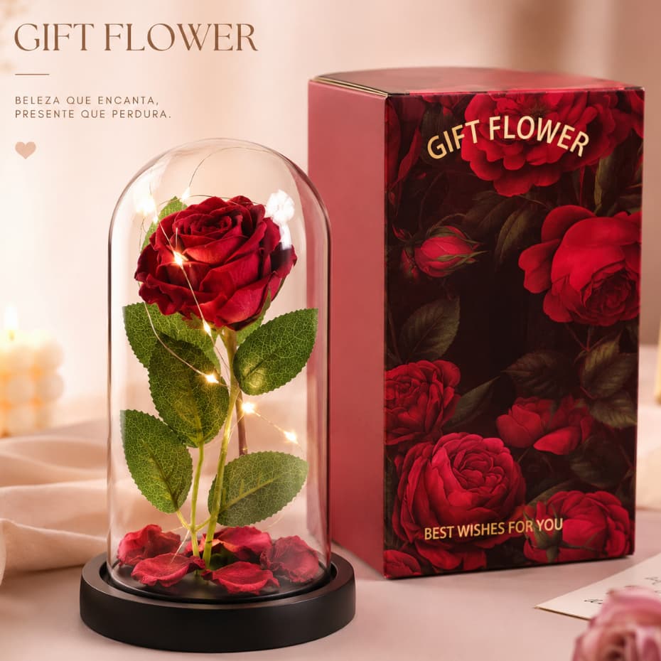 Rosa Encantada Vermelha 20CM com Luz LED — Flor Eterna Decorativa em Cúpula de Acrílico | Pilhas Não Inclusas