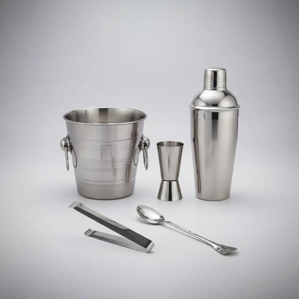 Kit Bar 5 Peças em Inox Coqueteleira Balde de Gelo Pegador Colher e Acessórios para Drinks e Cocktails