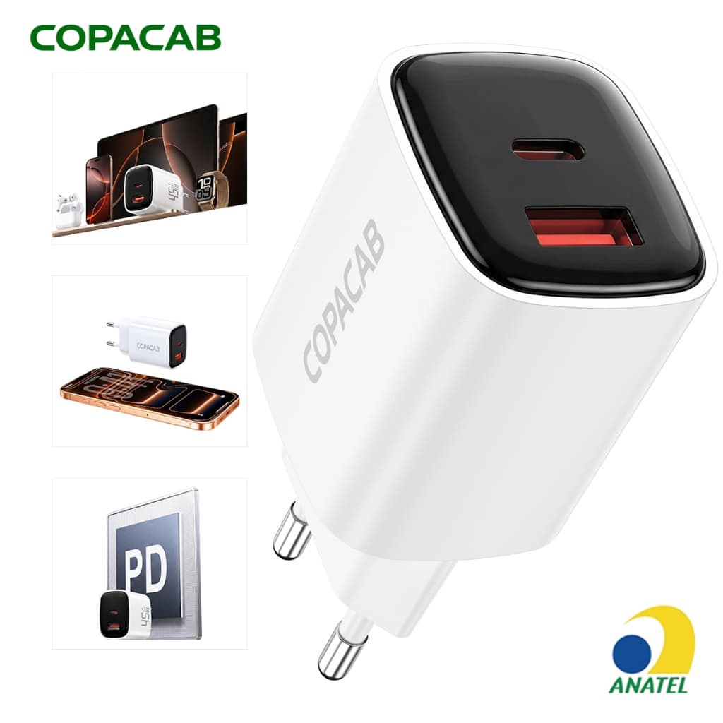 Carregador Rápido 45W Duas Portas PD Tipo‑C + USB‑A Tomada Europeia Adaptador para Celular iPhone Samsung Android