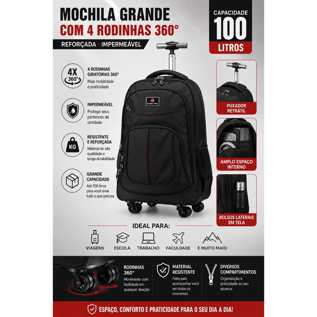 Mochila Com 4 Rodinhas 360° Reforçada Notebook Impermeavel Compartimentos Grande Alta Capacidade Puxador Alça 2828T-22#