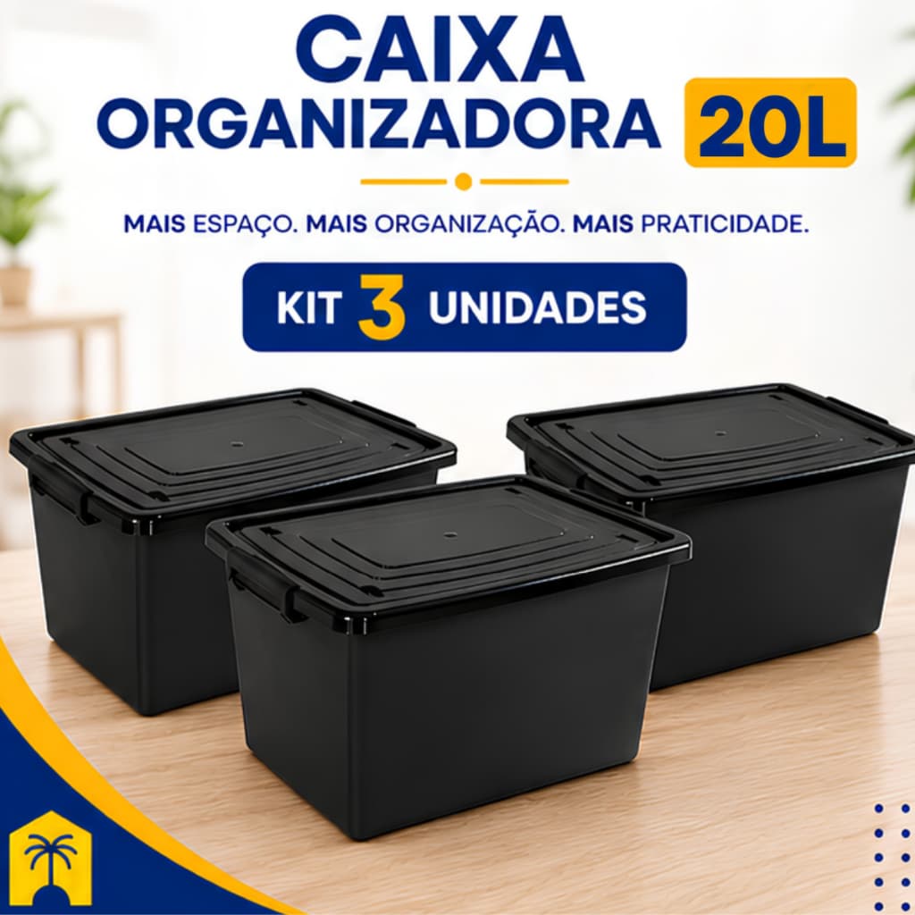 Kit 3 Caixas Cesto 20 Litros Caixa Organizadora Pretas Com Tampa e Trava Organizador Preto