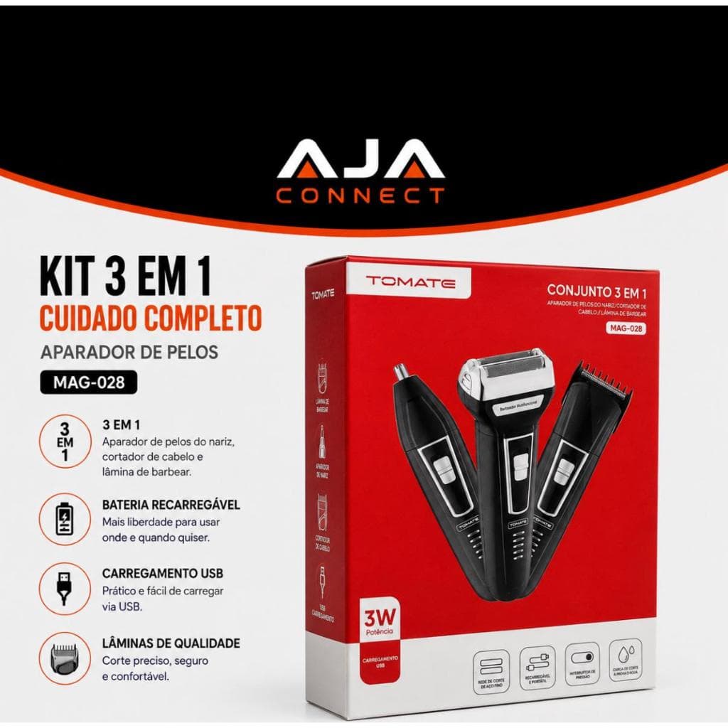 Kit 3 em 1 Tomate MAG-028 Aparador de Pelos Barbeador Cortador de Cabelo USB