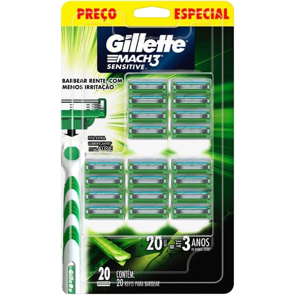Gillette Mach3 Sensitive Refil 20 Cargas – Lâminas de Barbeador para Pele Sensível