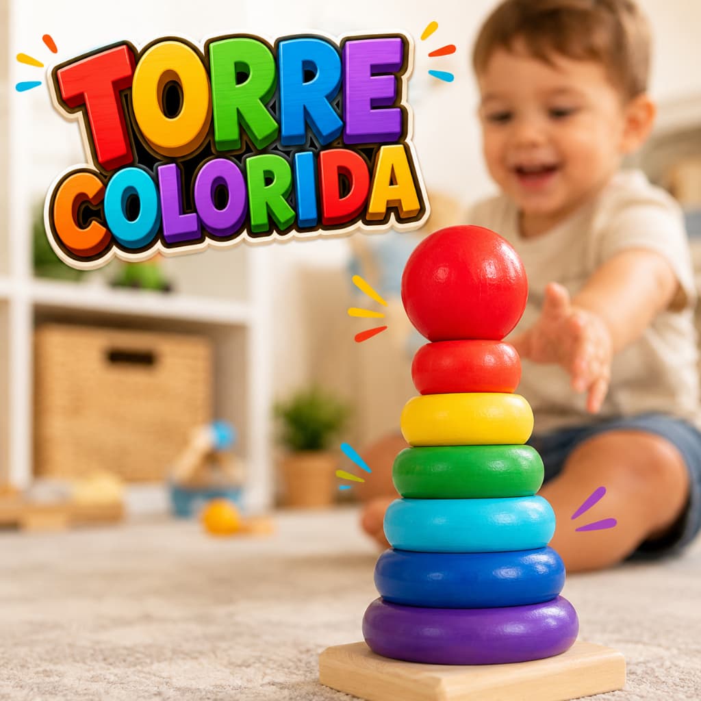 Torre de Argolas Colorida Infantil Educativa Coordenação Motora Brinquedo Pedagógico