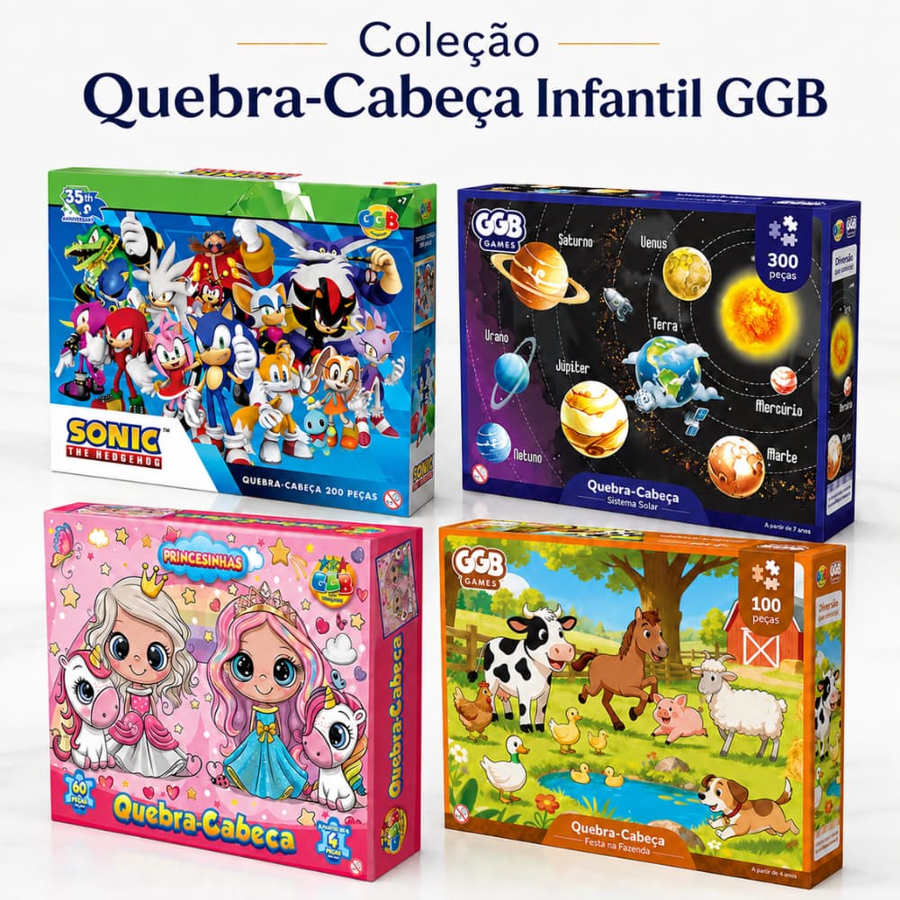 Kit Quebra-Cabeça Infantil GGB - 60 a 300pcs - Fazenda, Princesas, Dinossauros, Carros, Sonic
