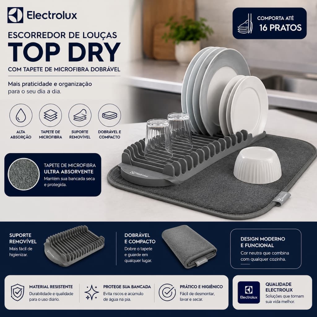 Escorredor de Louças Electrolux Top Dry com Tapete de Microfibra Dobrável Cinza