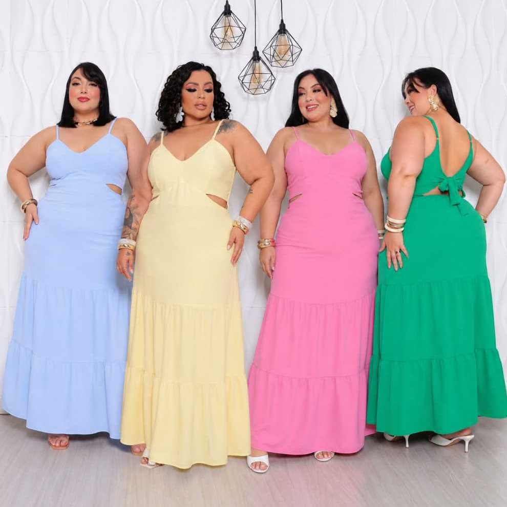 Vestido MAISA Feminino Longo Babado Duplo Plus Size Com Bojo Forrado Alça Fina Com Regulagem Duna Decote Plus Size VERÃO