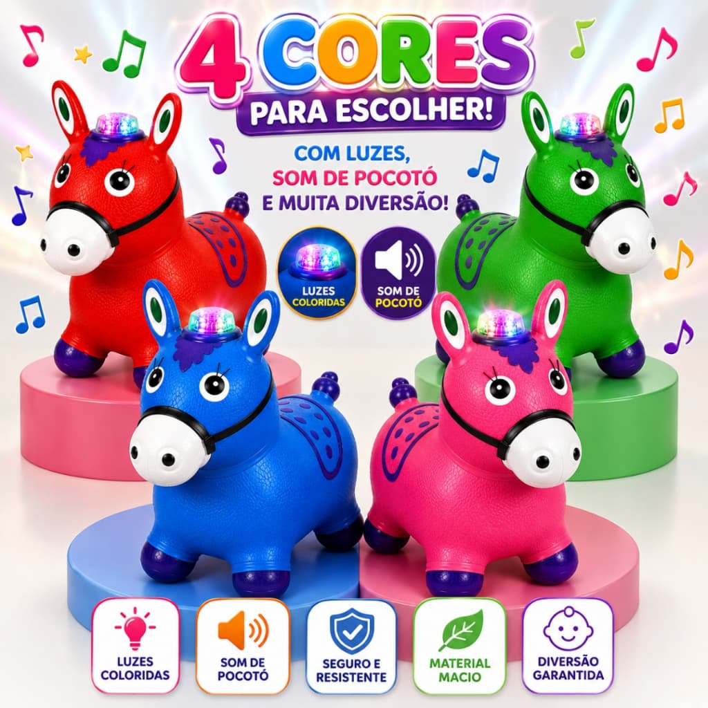 Cavalinho Upa Upa Musical Infantil Pula Pula com LED e Som Brinquedo Bebê 12 Meses Suporta 54kg Inmetro Pratitudo Toys