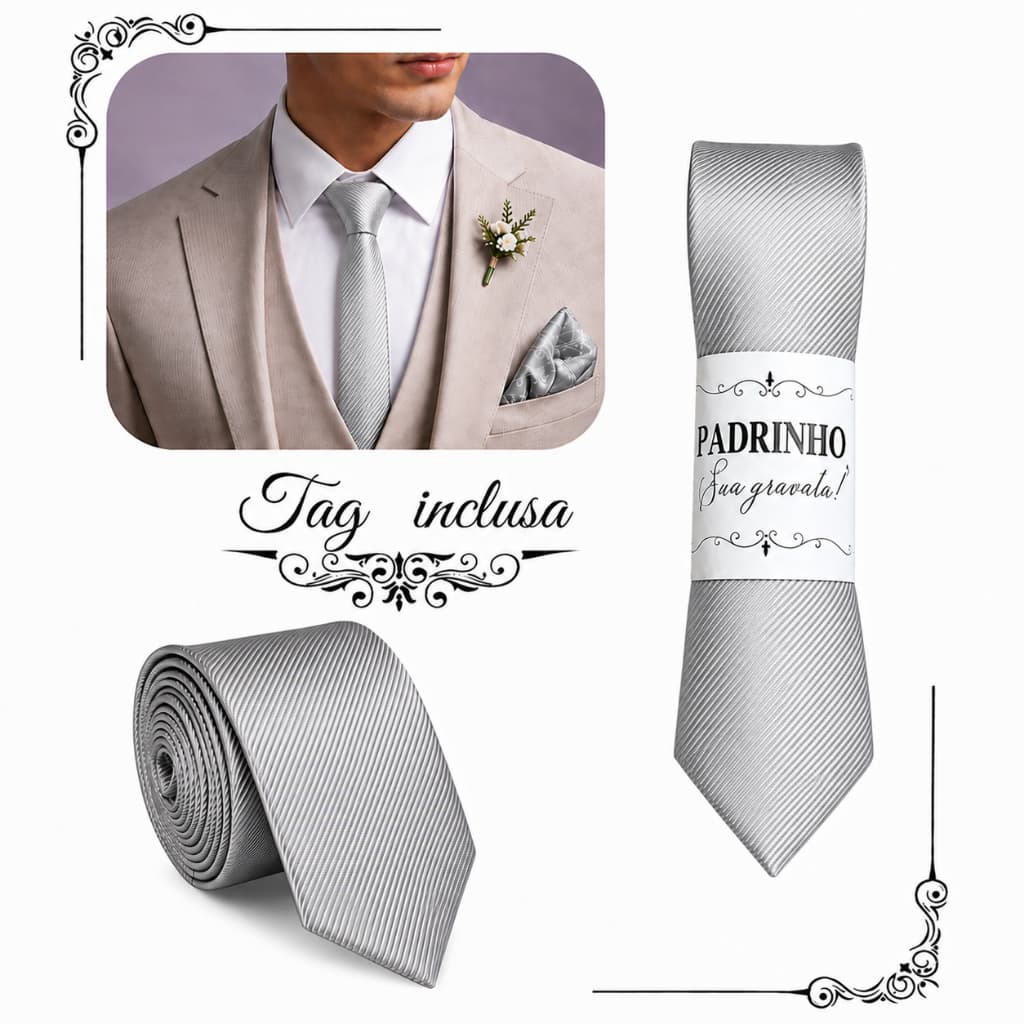 Kit 04 a 17 Gravatas prata Slim Para Padrinhos e Casamento