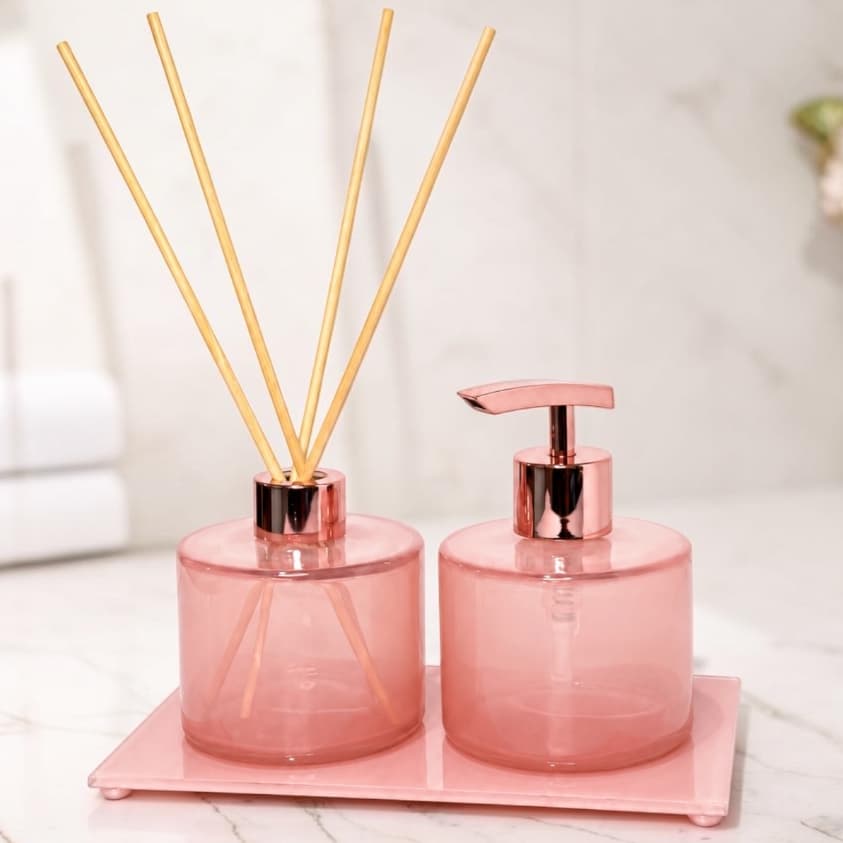 Kit Lavabo Luxo Vidro Rosa com Saboneteira e Aromatizador 250ml