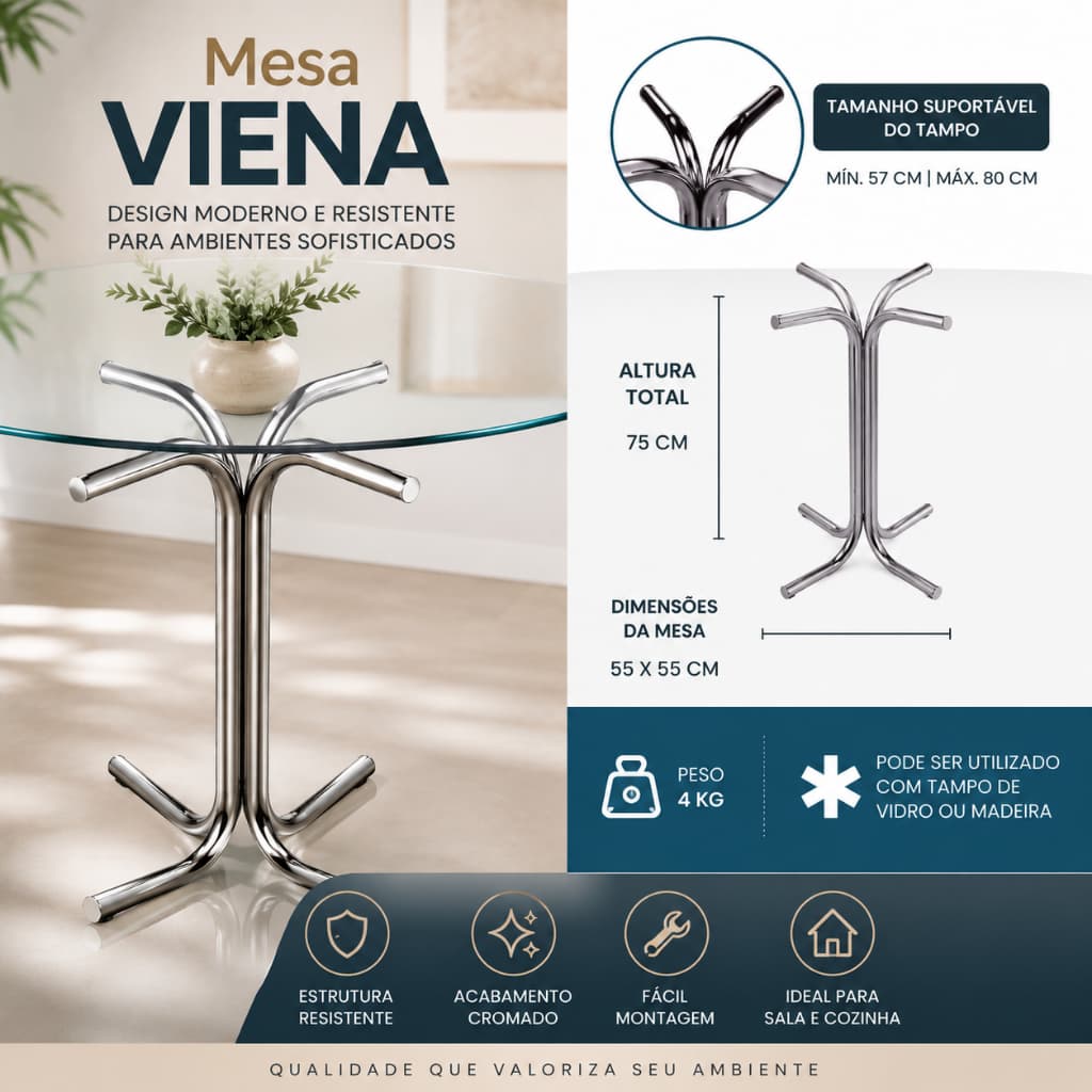Base Mesa Jantar Viena Flape Cromada 75cm Vidro e Madeira