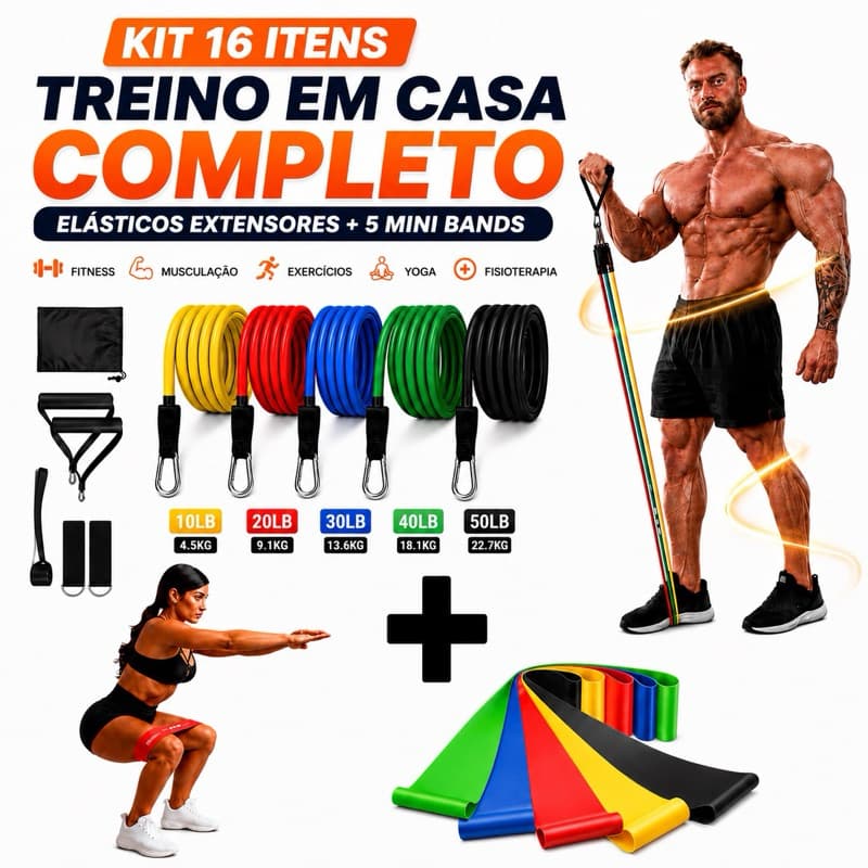 Kit 16 Itens Treino Em Casa Completo Elásticos Extensores + 5 Mini Bands Fitness Musculação Exercícios Yoga Fisioterapia