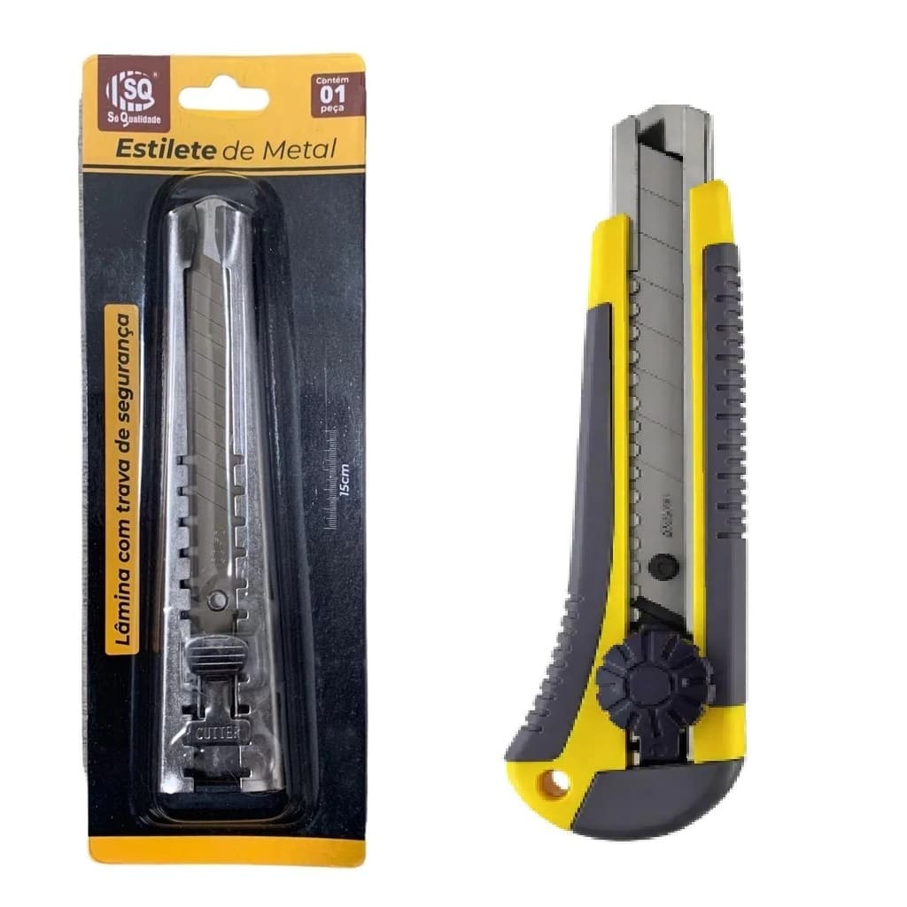 KIT Estilete Profissional 18mm Emborrachado Com Trava de Segurança, Estilete metálico + 5  laminas segmentada