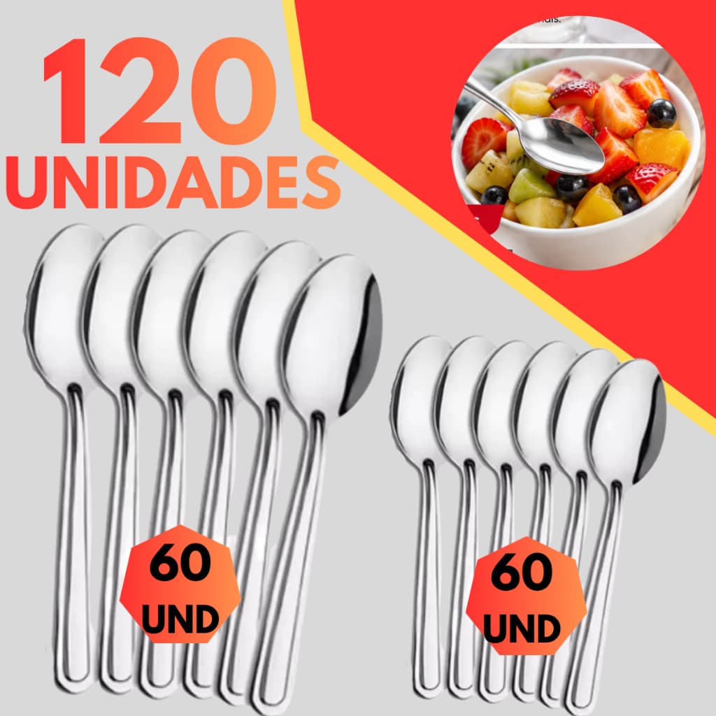 Kit 120 Talheres 60 Colheres de Sobremesa e 60 Colheres De Chá Inox Mesa Posta, Festa, Confeitaria, Café, Cozinha