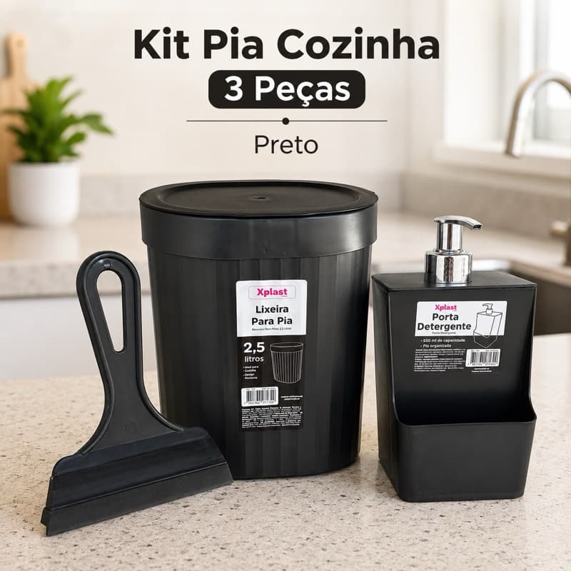 Kit Pia Cozinha 3 Peças Preto Lixeira 2,5L Porta Detergente e Rodinho