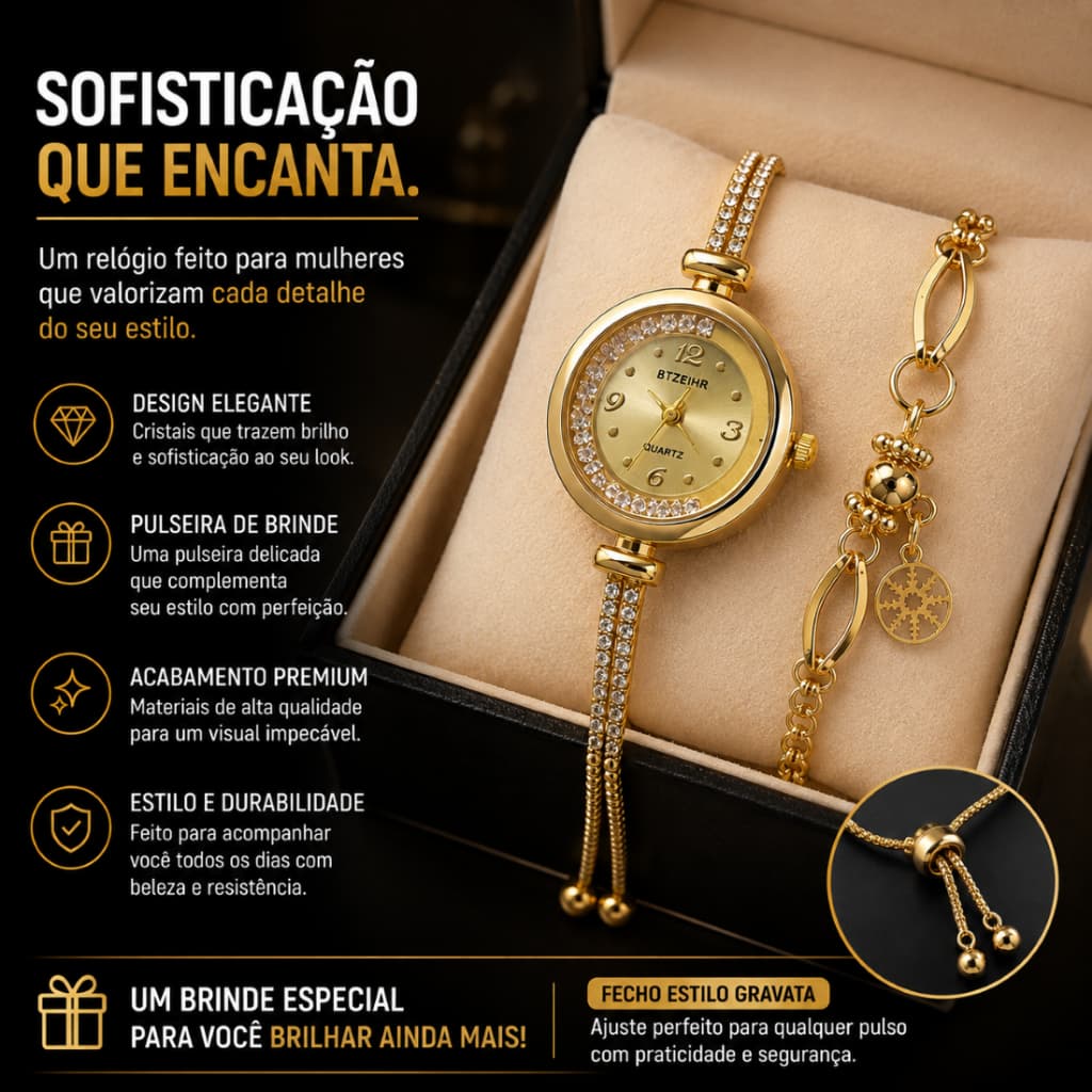 Relógio Feminino Dourado Quartz com Strass e Fecho Estilo Gravata + Pulseira de Brinde
