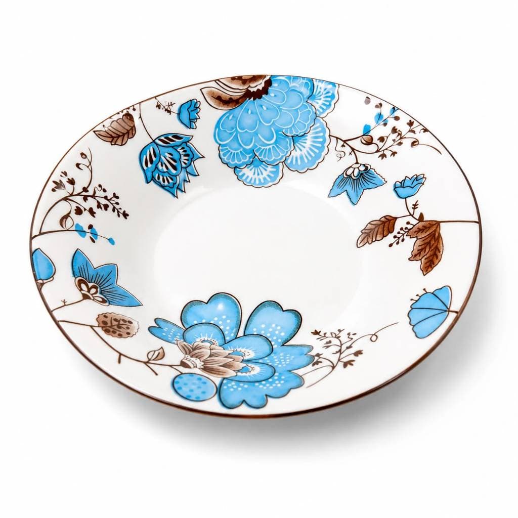 Prato Fundo Cerâmica Decorado Floral Azul e Marrom 20cm 500ml