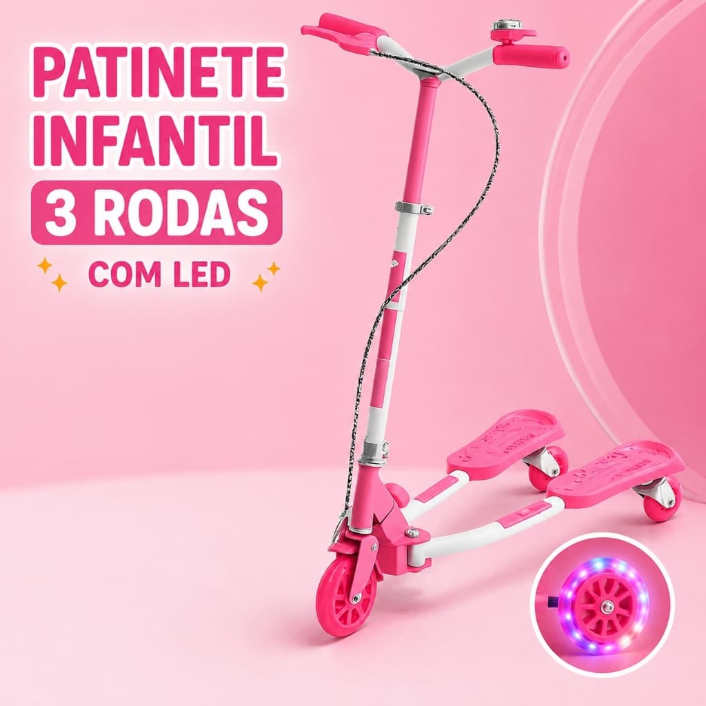 Patinete Infantil 3 Rodas com LED Dobrável Guidão Ajustável Rosa para Menina +3 Anos