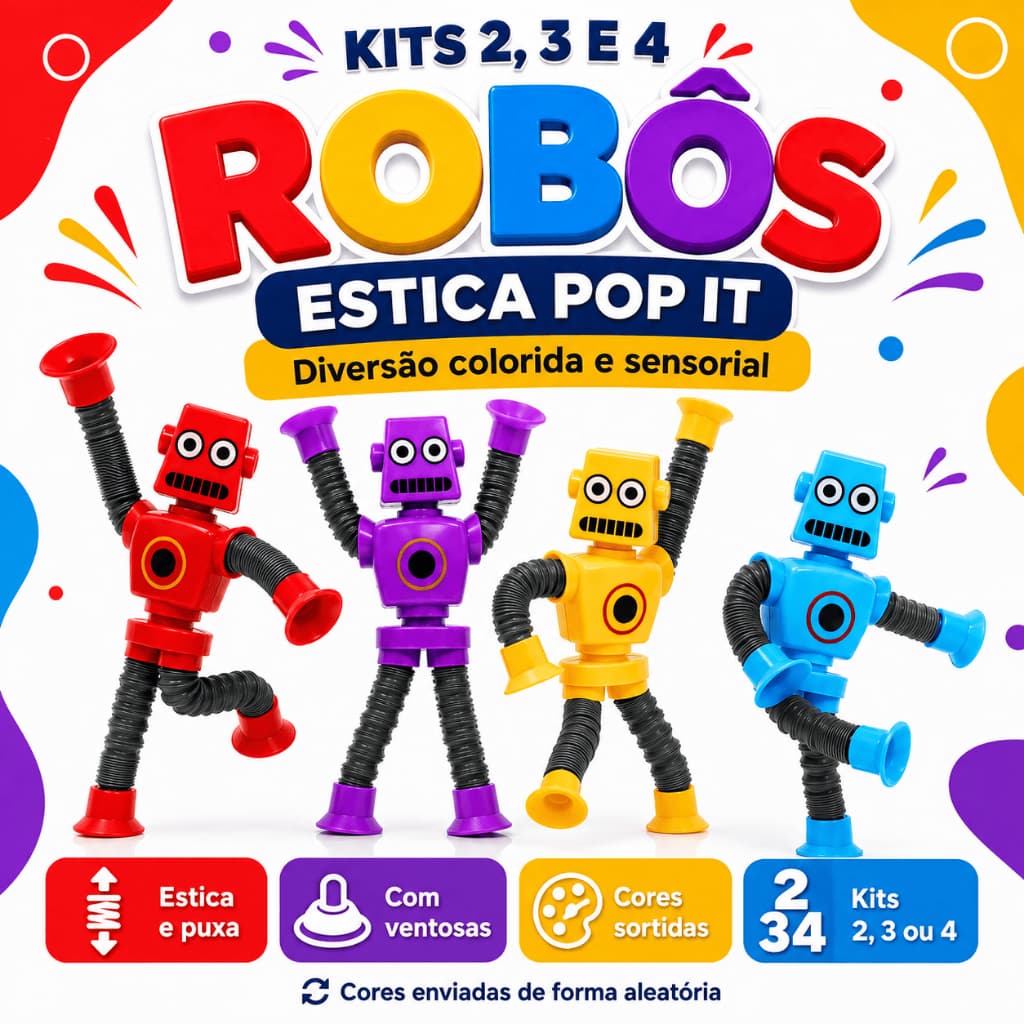 Kits 2, 3, 4 Robôs Tubo Ventosa Pop It Desenho Criatividade Brinquedo infantil Crianças Autismo